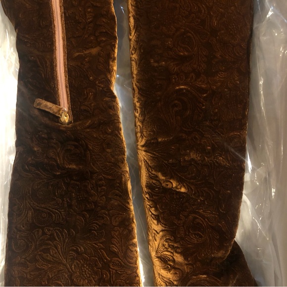 AQUAZZURA Over The Knee Thigh High Brown Velvet Brocade Block Heel Boho Boot - Picture 5 of 10